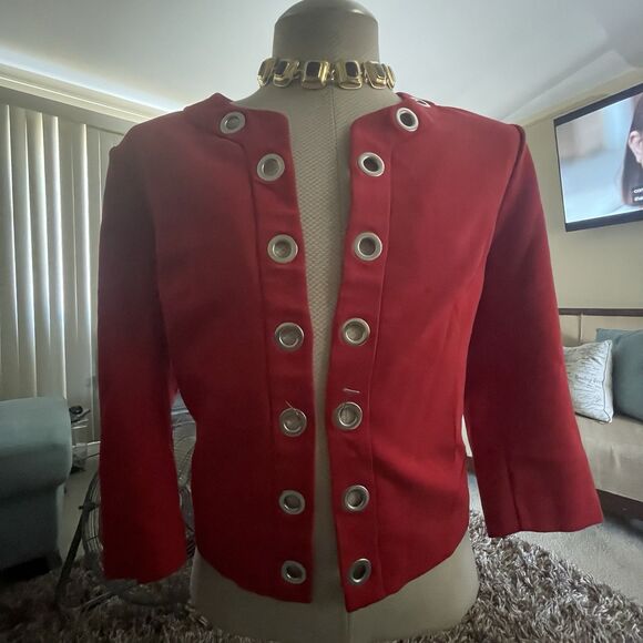 Roz & Ali Jackets & Blazers - Roz & Ali Women’s Red 3/4 Sleeve Blazer Size XL with Silver Accents Career Artsy